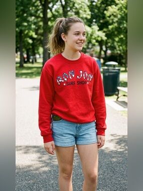 Ron Jon Surf Shop Sweatshirt Red Stars Stripes Logo Crewneck Small